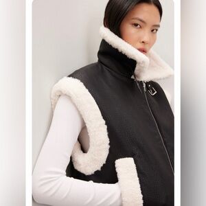 Peter Som Black Faux-Leather Vest with Cream Shearling Trim